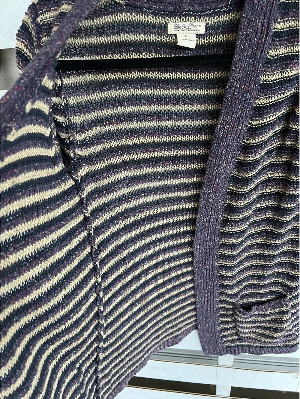 Lucky Brand Striped Pockets Long Cardigan Sweater  Purple Cream Size M.